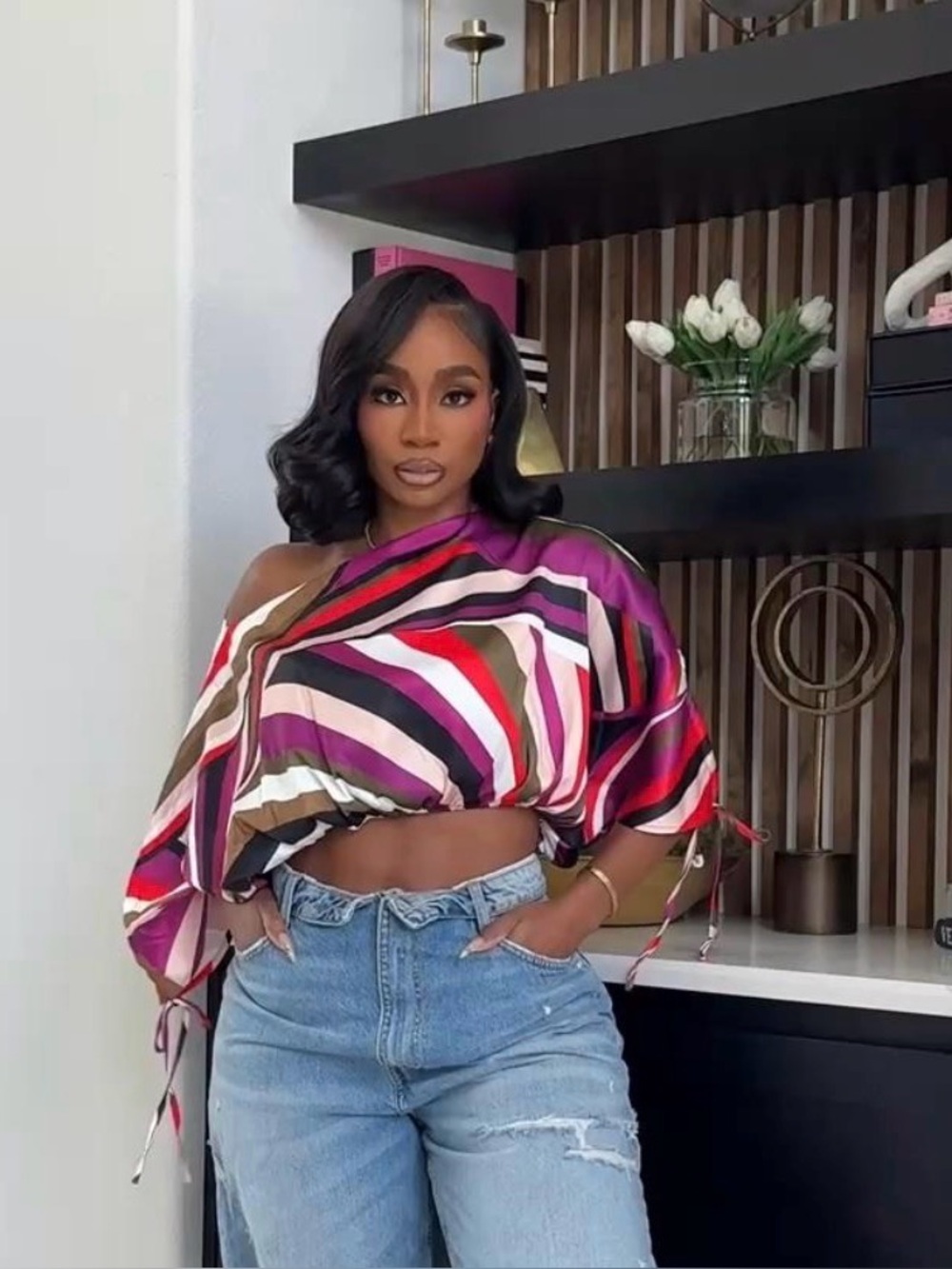 AKIRA Off-Shoulder Striped Crop Top in Pink, Red, Black and Brown